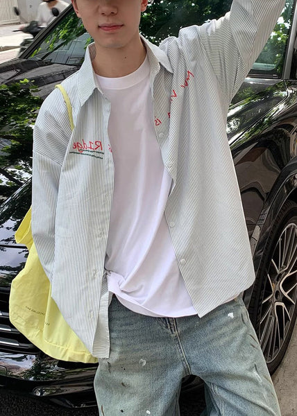 Cotton Men Shirts Striped Collar Blue Letter Spring Peter Pan FashionChic