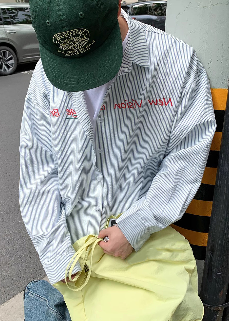 Cotton Men Shirts Striped Collar Blue Letter Spring Peter Pan FashionChic