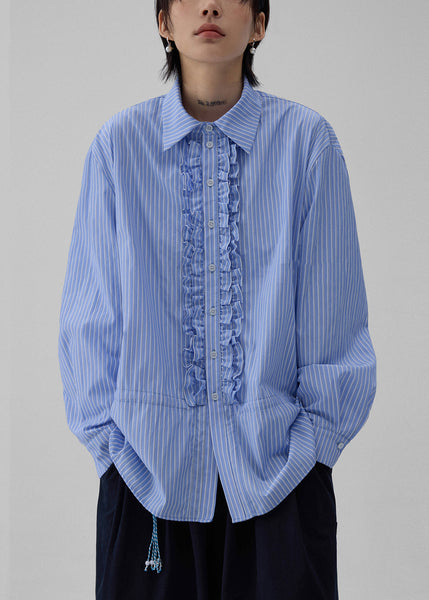 Striped Ruffled Blue Shirt Fall Collar Peter Pan Cotton FashionChic