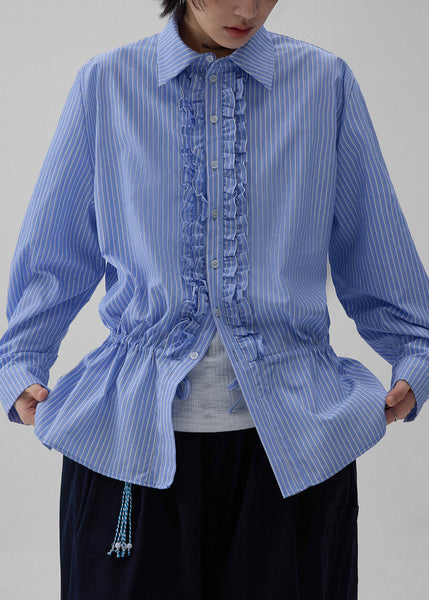 Striped Ruffled Blue Shirt Fall Collar Peter Pan Cotton FashionChic