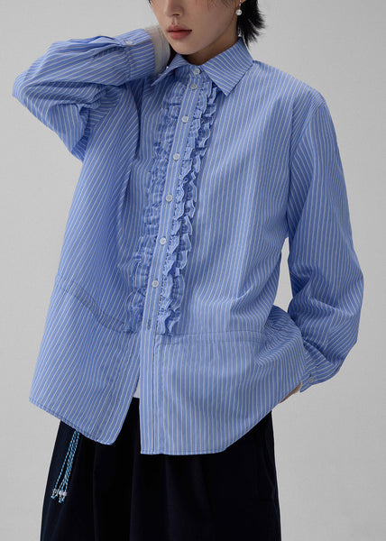 Striped Ruffled Blue Shirt Fall Collar Peter Pan Cotton FashionChic