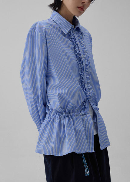 Striped Ruffled Blue Shirt Fall Collar Peter Pan Cotton FashionChic