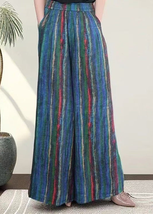 Striped Blue Elastic Waist Leg Pockets Wide Pants Cotton Fall FashionChic