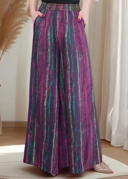 Striped Blue Elastic Waist Leg Pockets Wide Pants Cotton Fall FashionChic