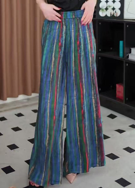 Striped Blue Elastic Waist Leg Pockets Wide Pants Cotton Fall FashionChic