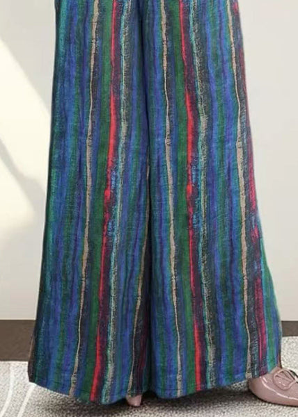 Striped Blue Elastic Waist Leg Pockets Wide Pants Cotton Fall FashionChic