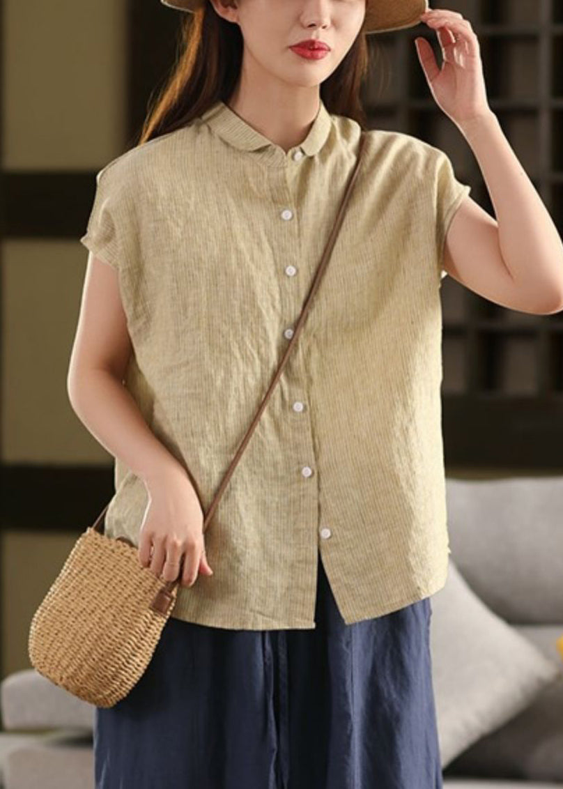 Striped Button Blouse Summer Linen Pan Collar Peter Coffee FashionChic