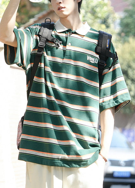 Polo Button Men Green Letter Summer Striped Cotton Shirt FashionChic