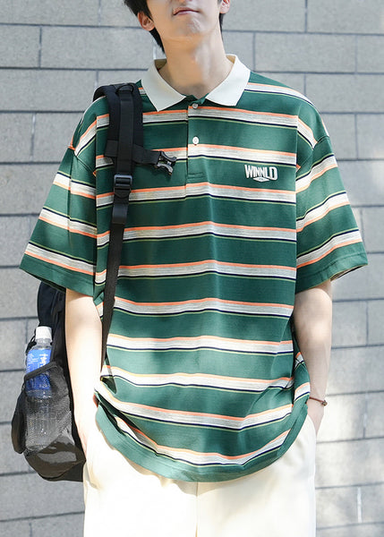 Polo Button Men Green Letter Summer Striped Cotton Shirt FashionChic