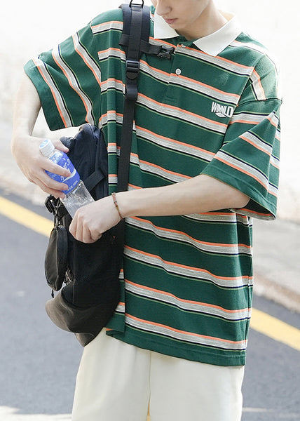 Polo Button Men Green Letter Summer Striped Cotton Shirt FashionChic