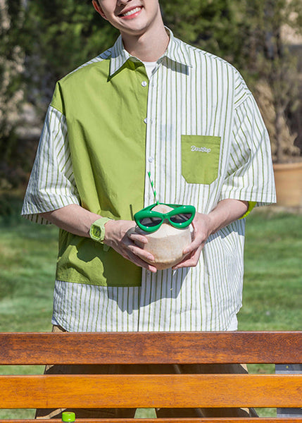 Letter Green Shirts Mens Patchwork Cotton Sleeve Striped Half FashionChic