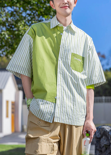 Letter Green Shirts Mens Patchwork Cotton Sleeve Striped Half FashionChic
