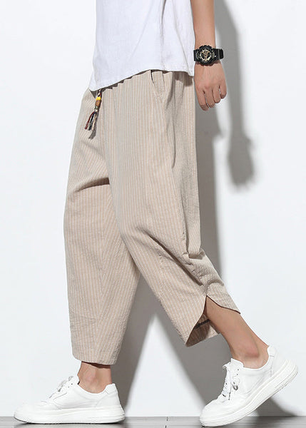 Up Khaki Pants Striped Lace Mens Cotton Crop Pockets Summer FashionChic