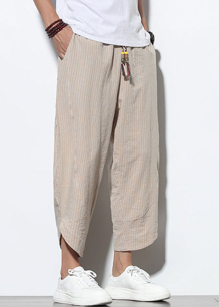 Up Khaki Pants Striped Lace Mens Cotton Crop Pockets Summer FashionChic