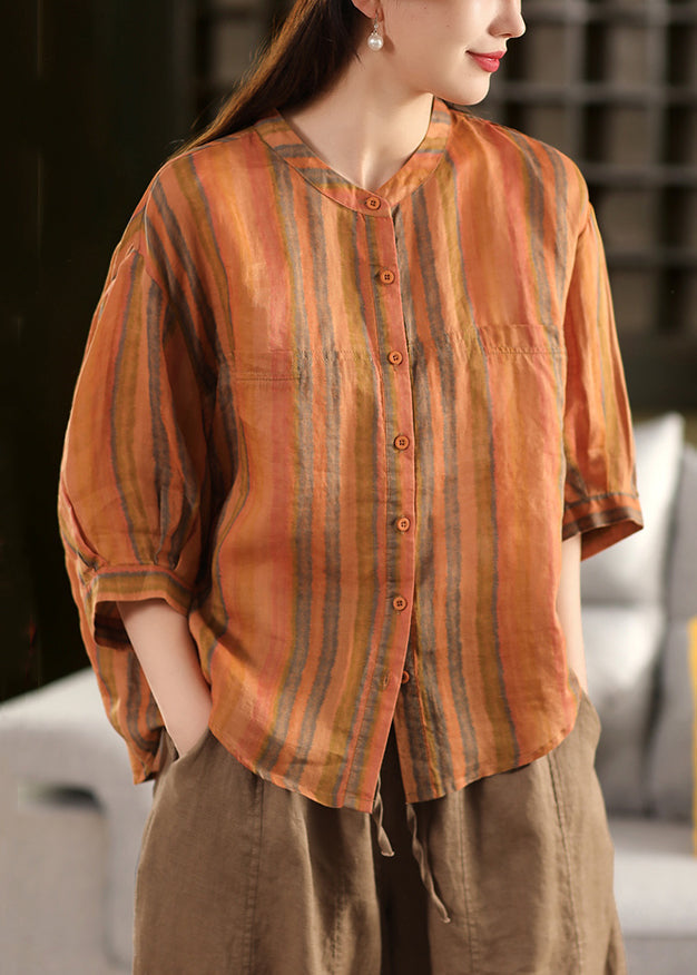O-Neck Button Orange Striped Fall Linen Blouse FashionChic