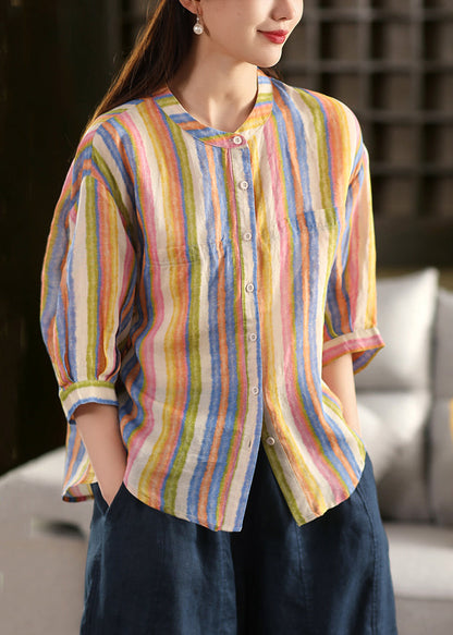 O-Neck Button Orange Striped Fall Linen Blouse FashionChic