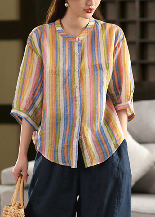 O-Neck Button Orange Striped Fall Linen Blouse FashionChic