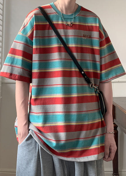 Half Sleeve Patchwork Shirts Cotton T Men O Red Striped Neck FashionChic