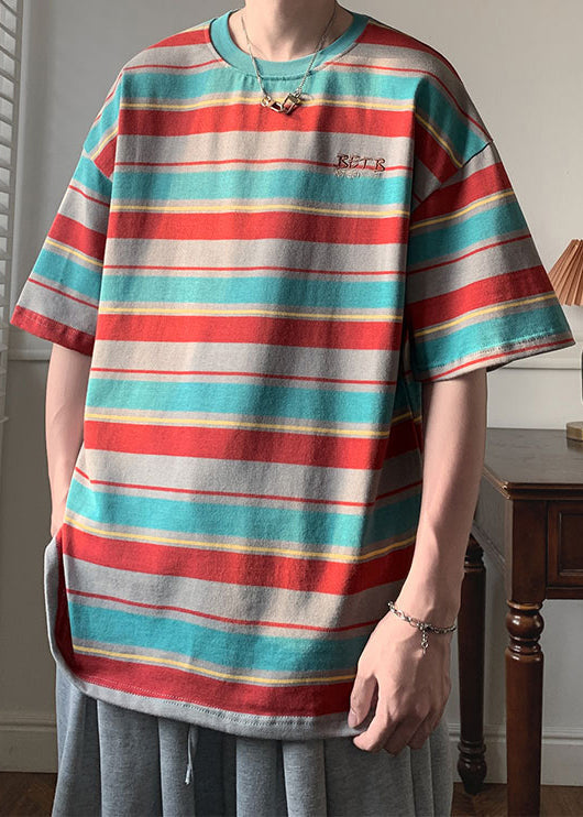 Half Sleeve Patchwork Shirts Cotton T Men O Red Striped Neck FashionChic