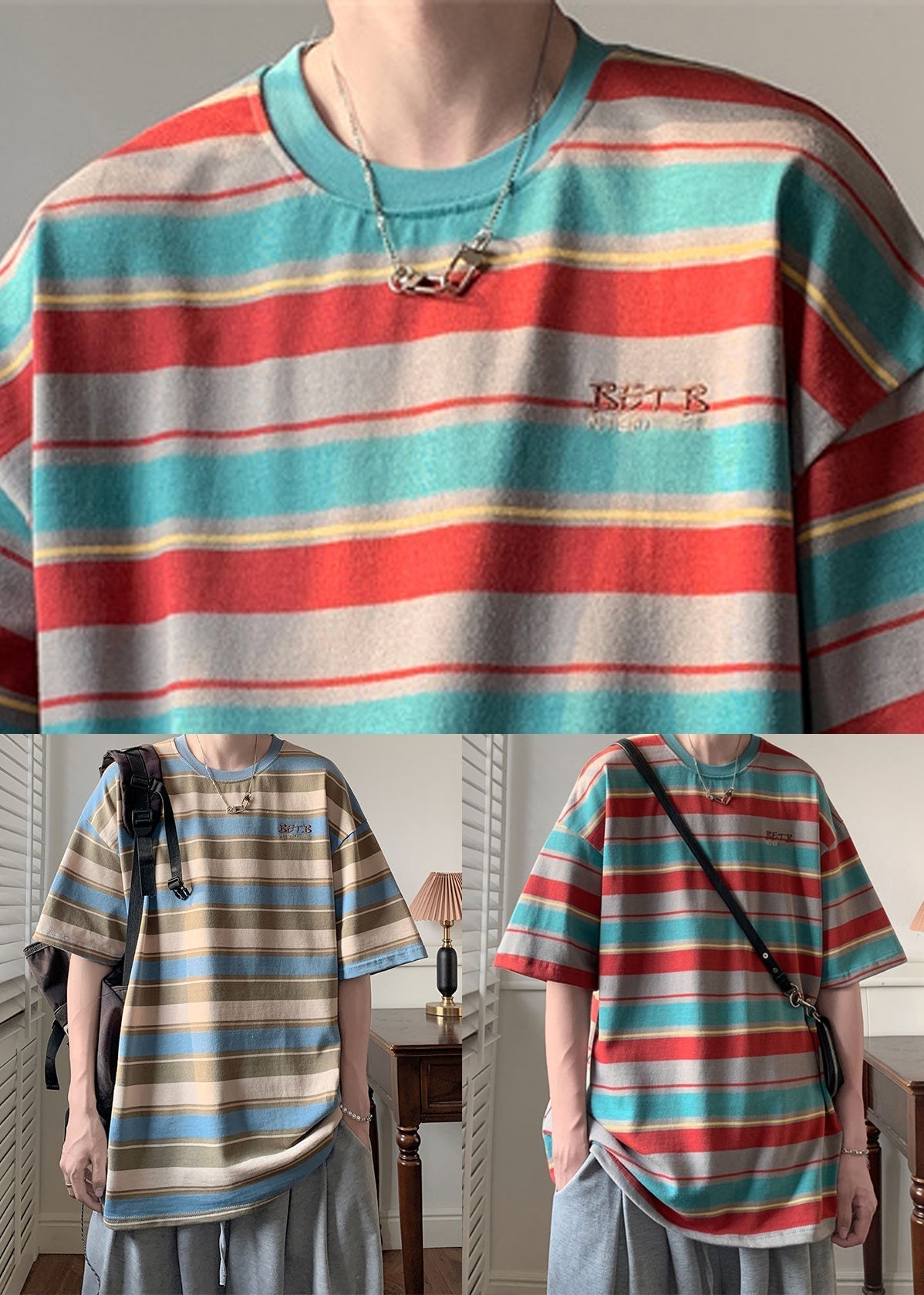 Half Sleeve Patchwork Shirts Cotton T Men O Red Striped Neck FashionChic