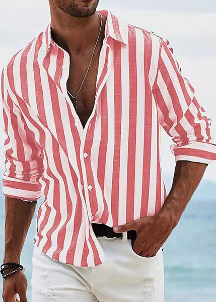 Fall Peter Striped Collar Cotton Shirts Button Red Men Pan FashionChic