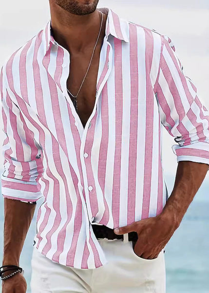 Fall Peter Striped Collar Cotton Shirts Button Red Men Pan FashionChic