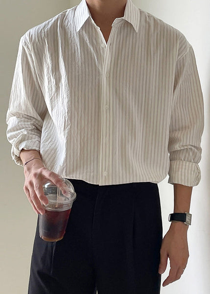 Cotton Men White Peter Shirt Pan Striped Button Spring Collar FashionChic