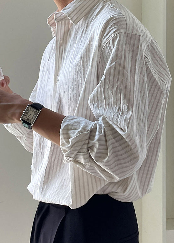 Cotton Men White Peter Shirt Pan Striped Button Spring Collar FashionChic