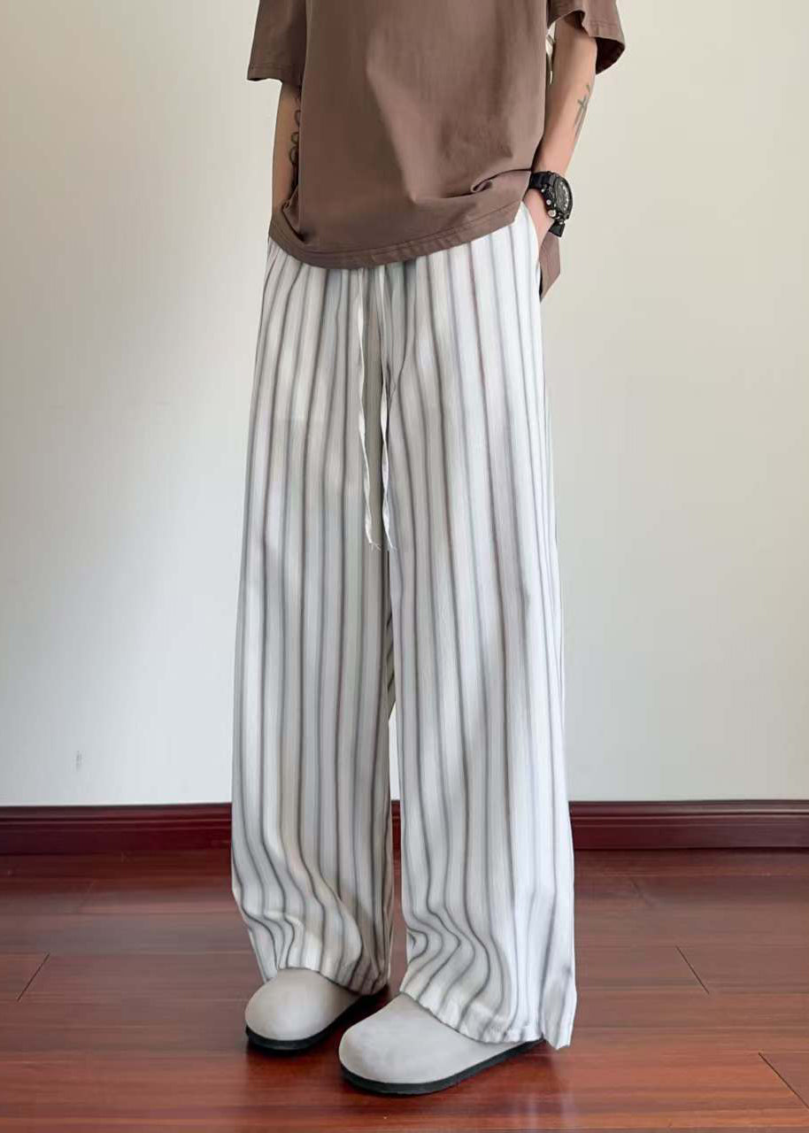 Leg Pockets Waist Elastic Wide Men Cotton Striped White Pants FashionChic