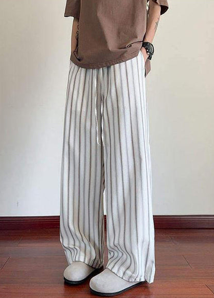 Leg Pockets Waist Elastic Wide Men Cotton Striped White Pants FashionChic
