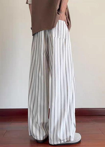 Leg Pockets Waist Elastic Wide Men Cotton Striped White Pants FashionChic