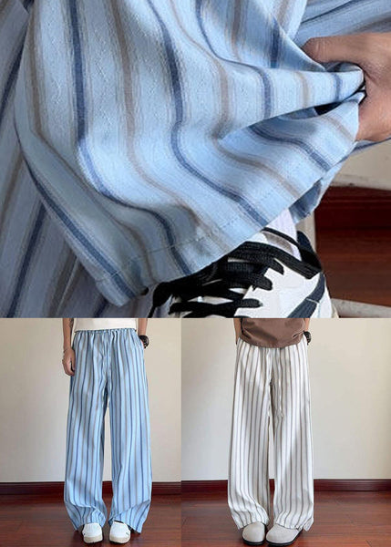 Leg Pockets Waist Elastic Wide Men Cotton Striped White Pants FashionChic