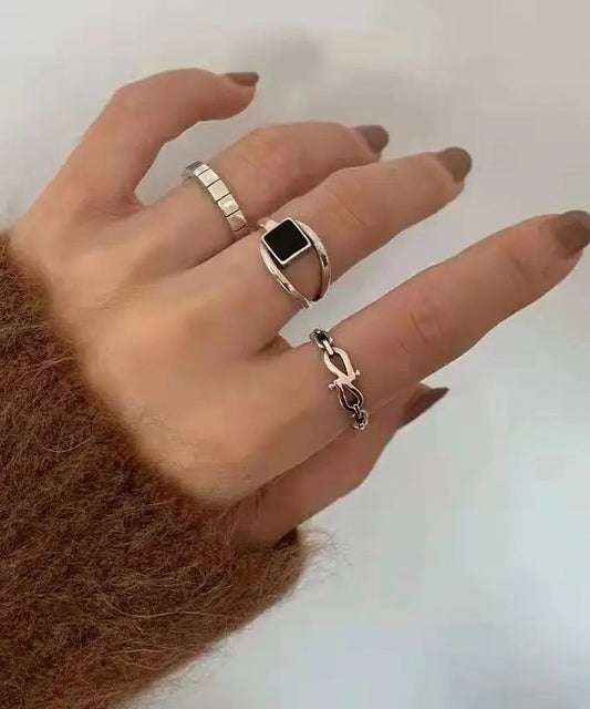 Set Style Alloy Three-Piece Rings Out Agate Hollow FashionChic