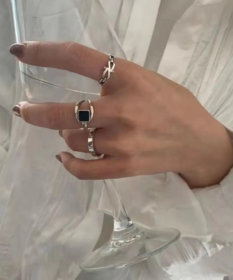 Set Style Alloy Three-Piece Rings Out Agate Hollow FashionChic