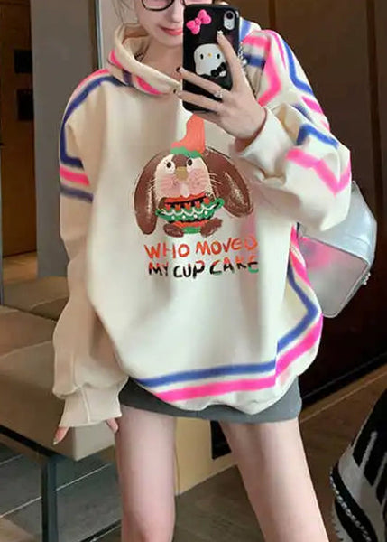 Style Apricot Hooded Cartoon Print Cotton Pullover Streetwear Spring YF006 ABC