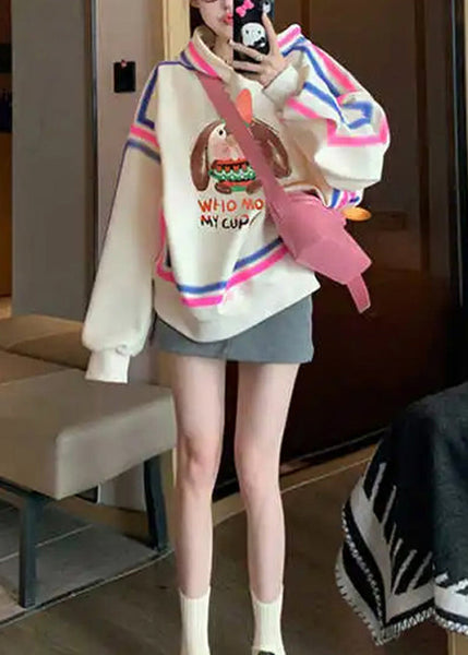 Style Apricot Hooded Cartoon Print Cotton Pullover Streetwear Spring YF006 ABC