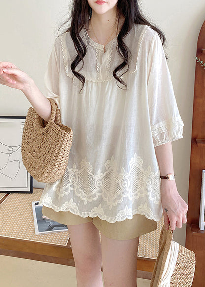 Style Apricot O-Neck Lace Patchwork Hollow Out Shirt Half Sleeve BV016 MZF-HTP240702