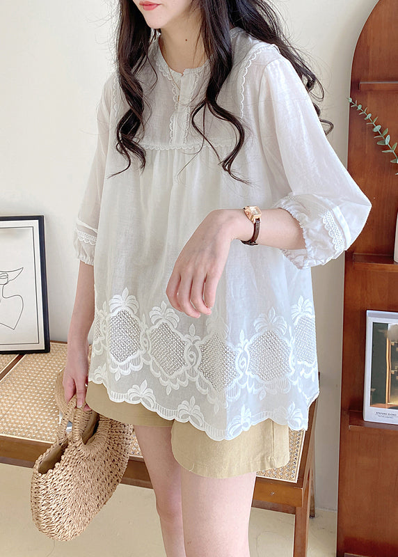 Style Apricot O-Neck Lace Patchwork Hollow Out Shirt Half Sleeve BV016 MZF-HTP240702