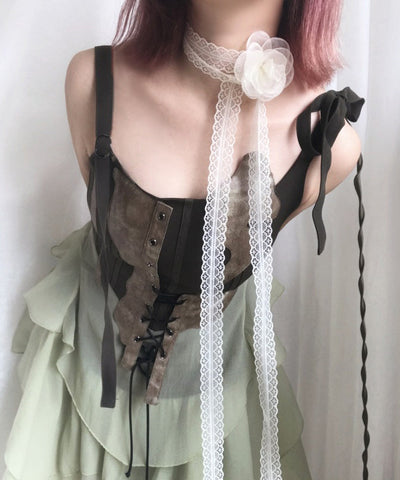 Style Beige Lace Floral Hollow Out Silk Scarf Necklace YU007 ABC