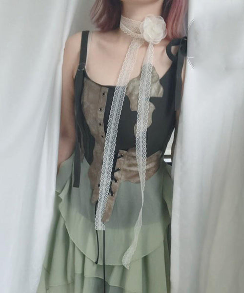 Style Beige Lace Floral Hollow Out Silk Scarf Necklace YU007 ABC