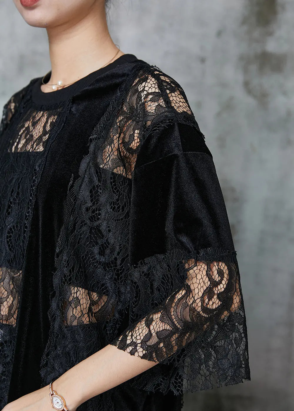 Style Black Hollow Out Patchwork Lace Shirts Summer Ada Fashion