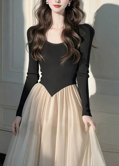 Dress Wrinkled Long Patchwork Knit Style Black FashionChic