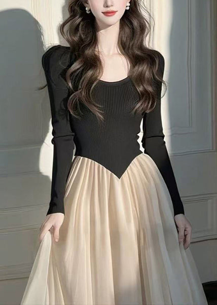 Dress Wrinkled Long Patchwork Knit Style Black FashionChic