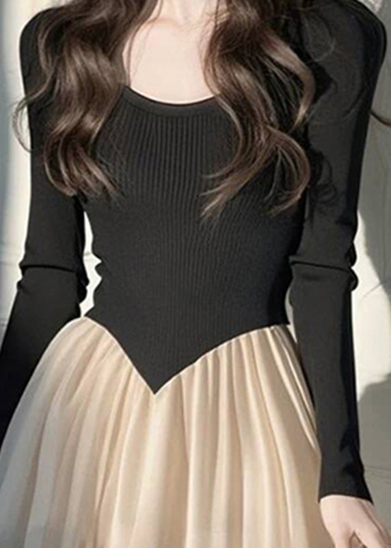 Dress Wrinkled Long Patchwork Knit Style Black FashionChic