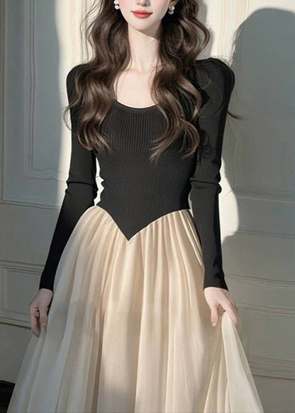 Dress Wrinkled Long Patchwork Knit Style Black FashionChic