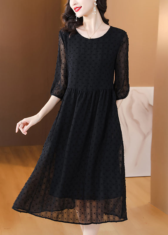 Style Black O Neck Jacquard Chiffon Long Dresses Lantern Sleeve BB010 Hawaii-SDL240622