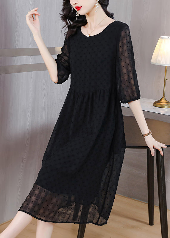 Style Black O Neck Jacquard Chiffon Long Dresses Lantern Sleeve BB010 Hawaii-SDL240622