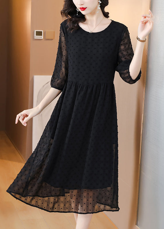 Style Black O Neck Jacquard Chiffon Long Dresses Lantern Sleeve BB010 Hawaii-SDL240622