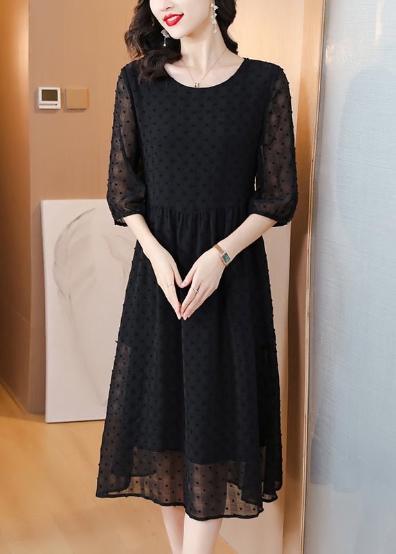 Style Black O Neck Jacquard Chiffon Long Dresses Lantern Sleeve BB010 Hawaii-SDL240622