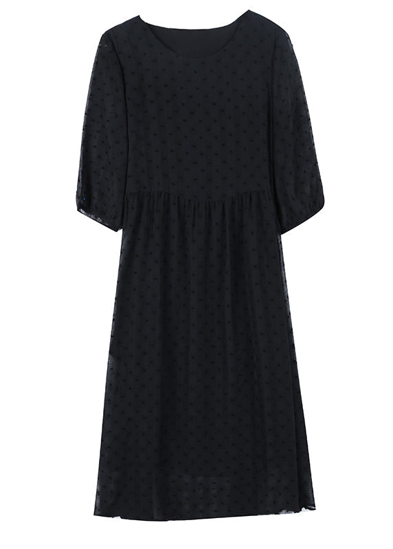 Style Black O Neck Jacquard Chiffon Long Dresses Lantern Sleeve BB010 Hawaii-SDL240622